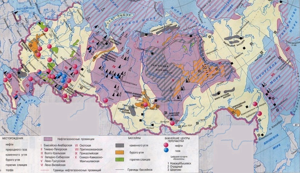 Основные нефтяные и газовые бассейны россии карта
